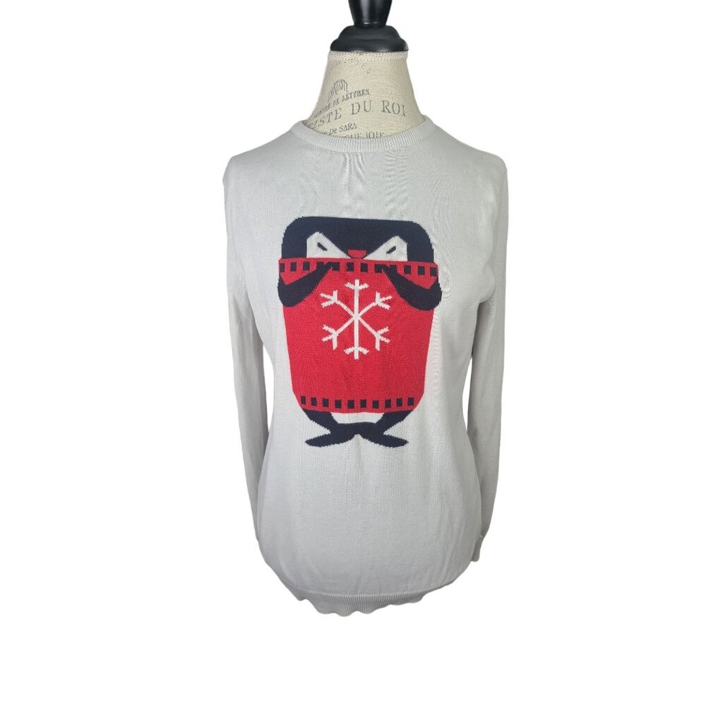 Gray Pullover Sweater Penguin in Sweater on Front Snowflake Christmas Winter Med